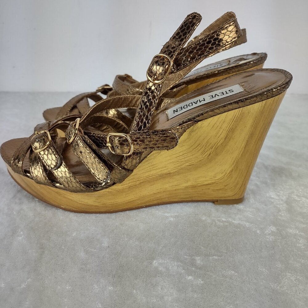 Steve Madden (Leona) Bronze Snakeskin Print 4 Inch Strappy Wedges Size 7 - Picture 6 of 12